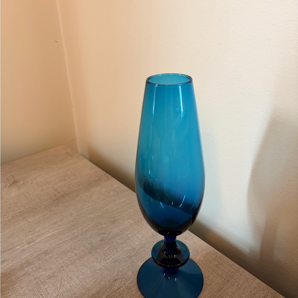 Vintage MCM Empoli Blue Glass Footed Tulip Vase 10" Italy Mid Century Modern